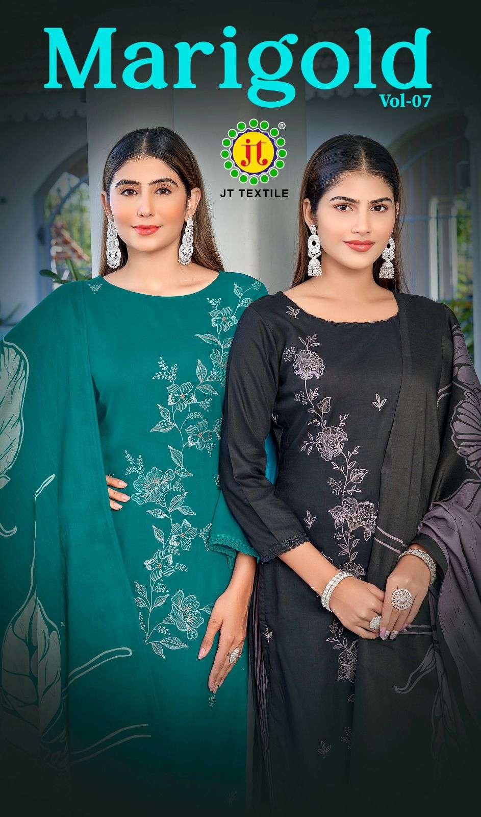 JT TEXTILE MARIGOLD VOL-07 7001 TO 7005 SERIES  RAYON EMBROIDERY PAKISATNI DRESSES-00201
