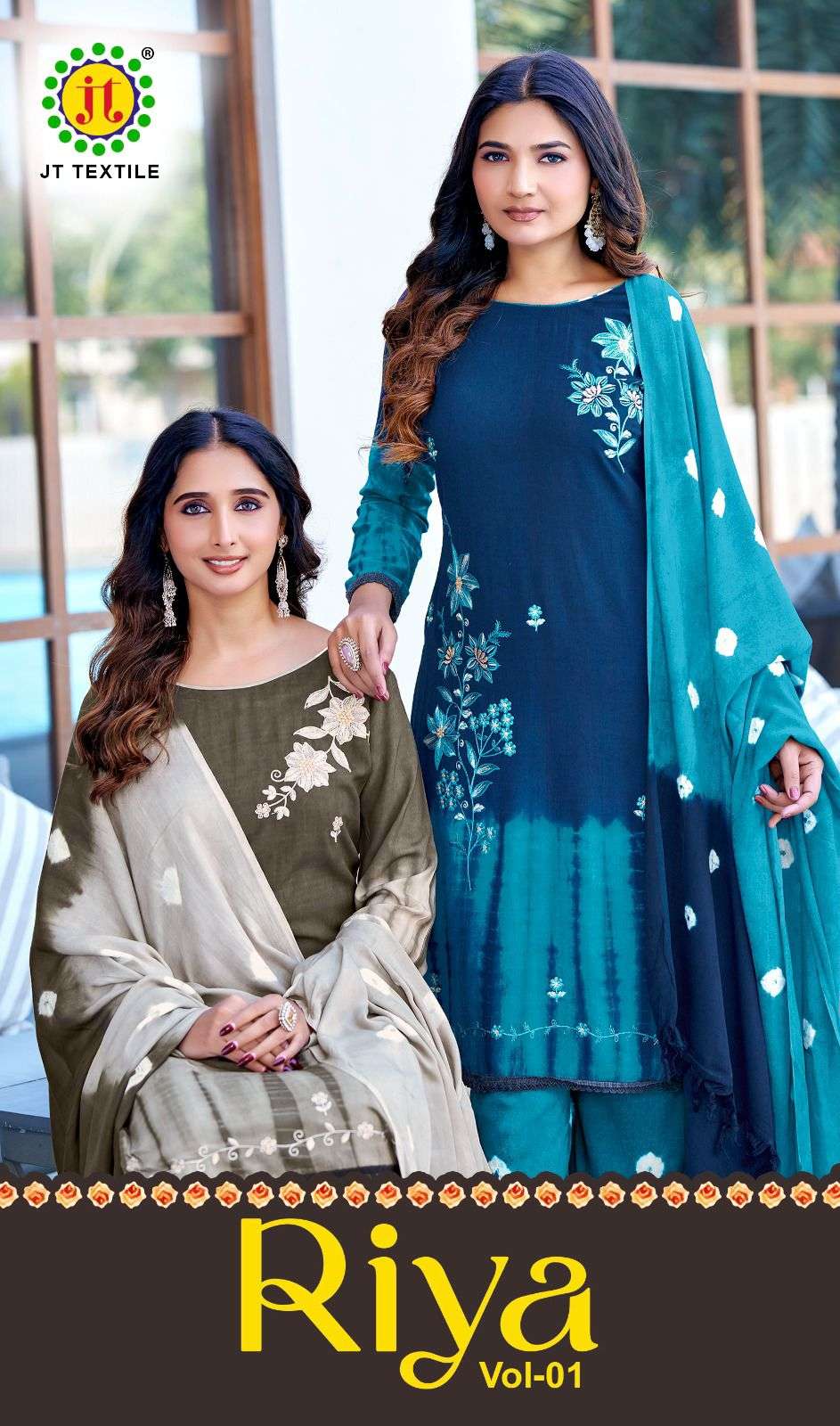 JT TEXTILE RIYA VOL-01 1001 TO 1005 SERIES RAYON EMBROIDERY DRESSES-00201