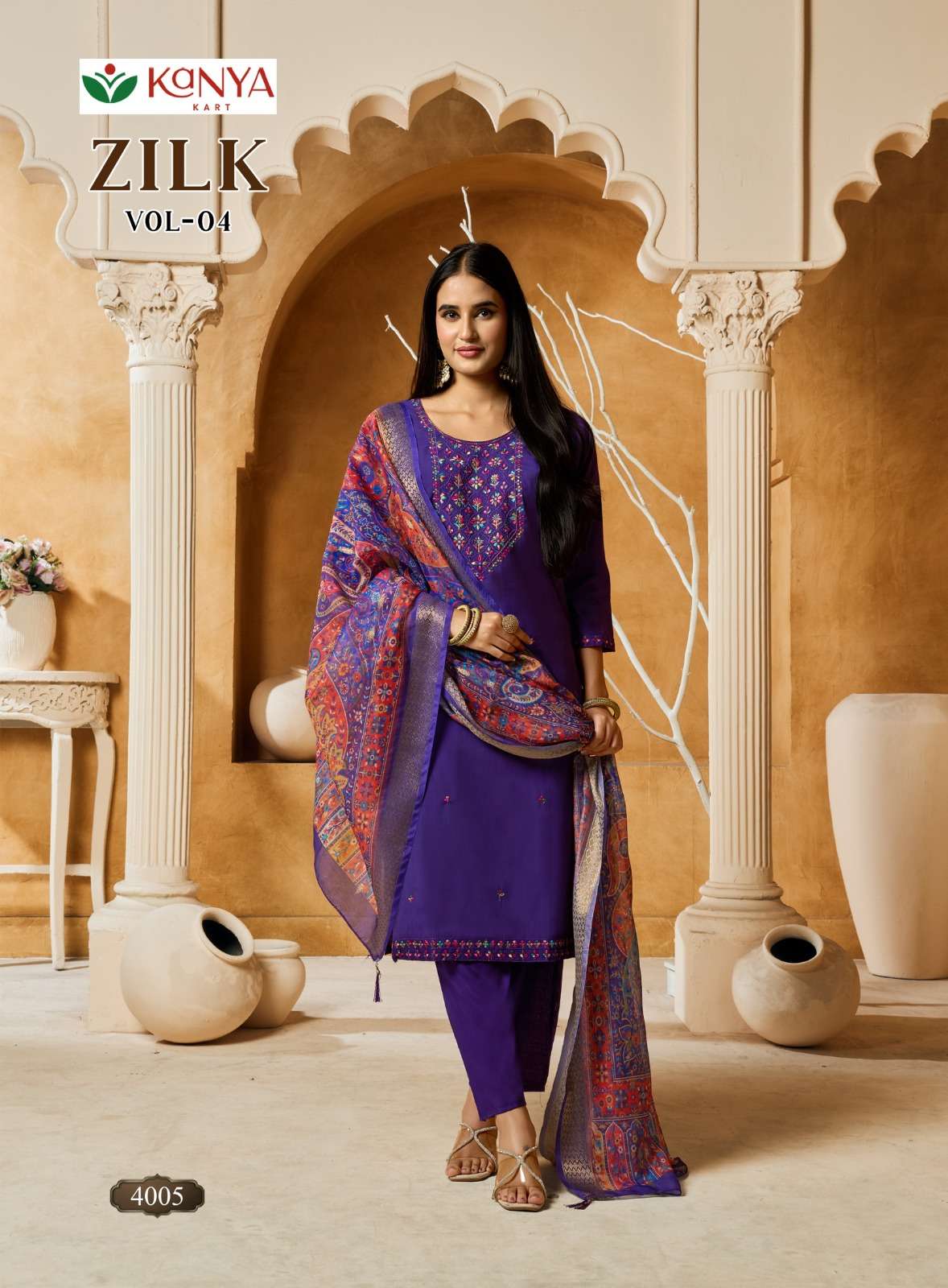 KANYA KART ZILK VOL-4 ROMAN SILK EMBROIDERY STITCHED DRESSES-00320