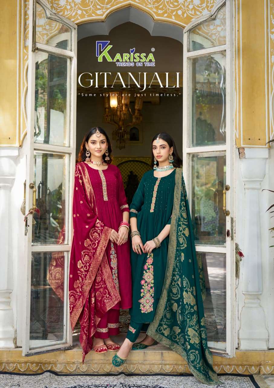 KARISSA GITANJALI 1001 TO 1004 SERIES VISCOSE CHANDERI HANDWORK DRESSES-00014