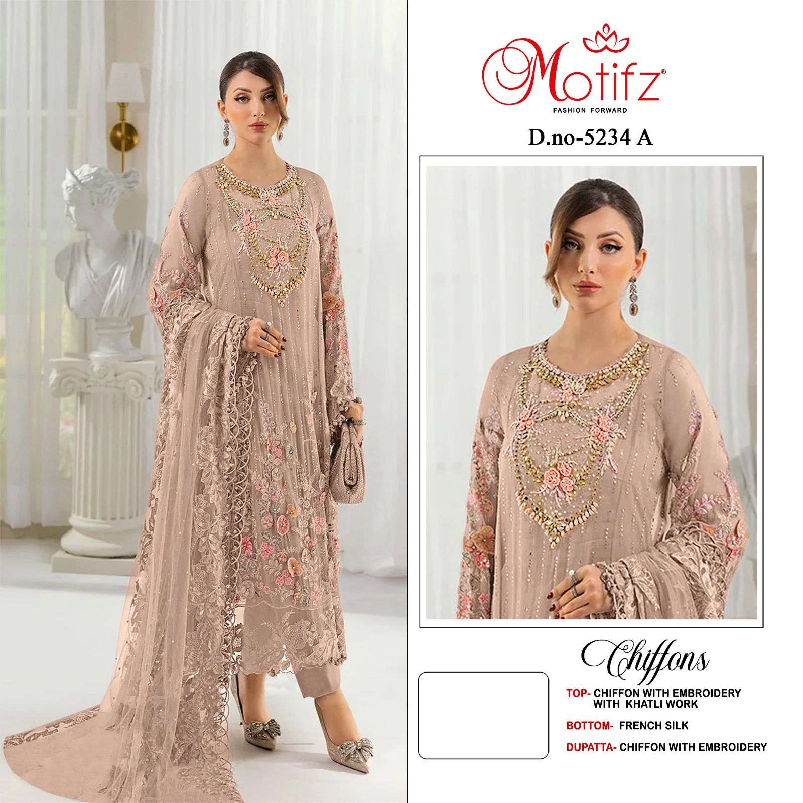 MOTIFZ 5234 A TO D SERIES  CHIFFON EMBROIDERY PAKISATNI DRESSES-00201 