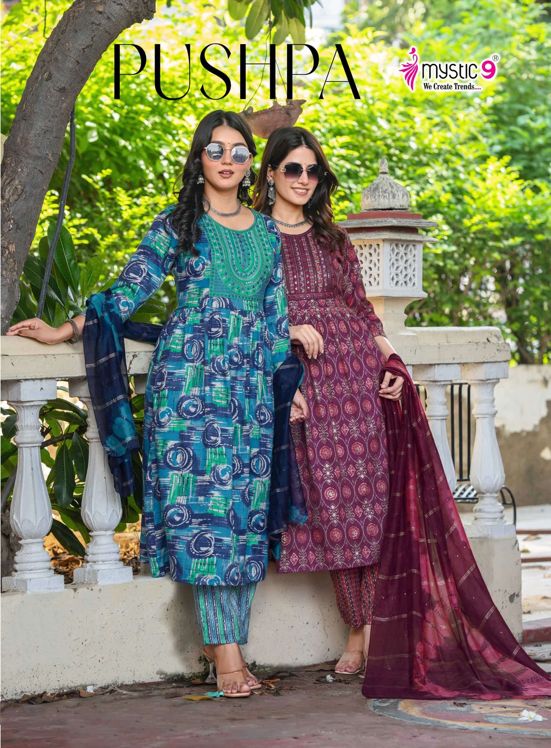 MYSTIC9 PUSHPA VOL-11 11001 TO 11008 SERIES RAYON FOIL PRINTED DRESSES-00320