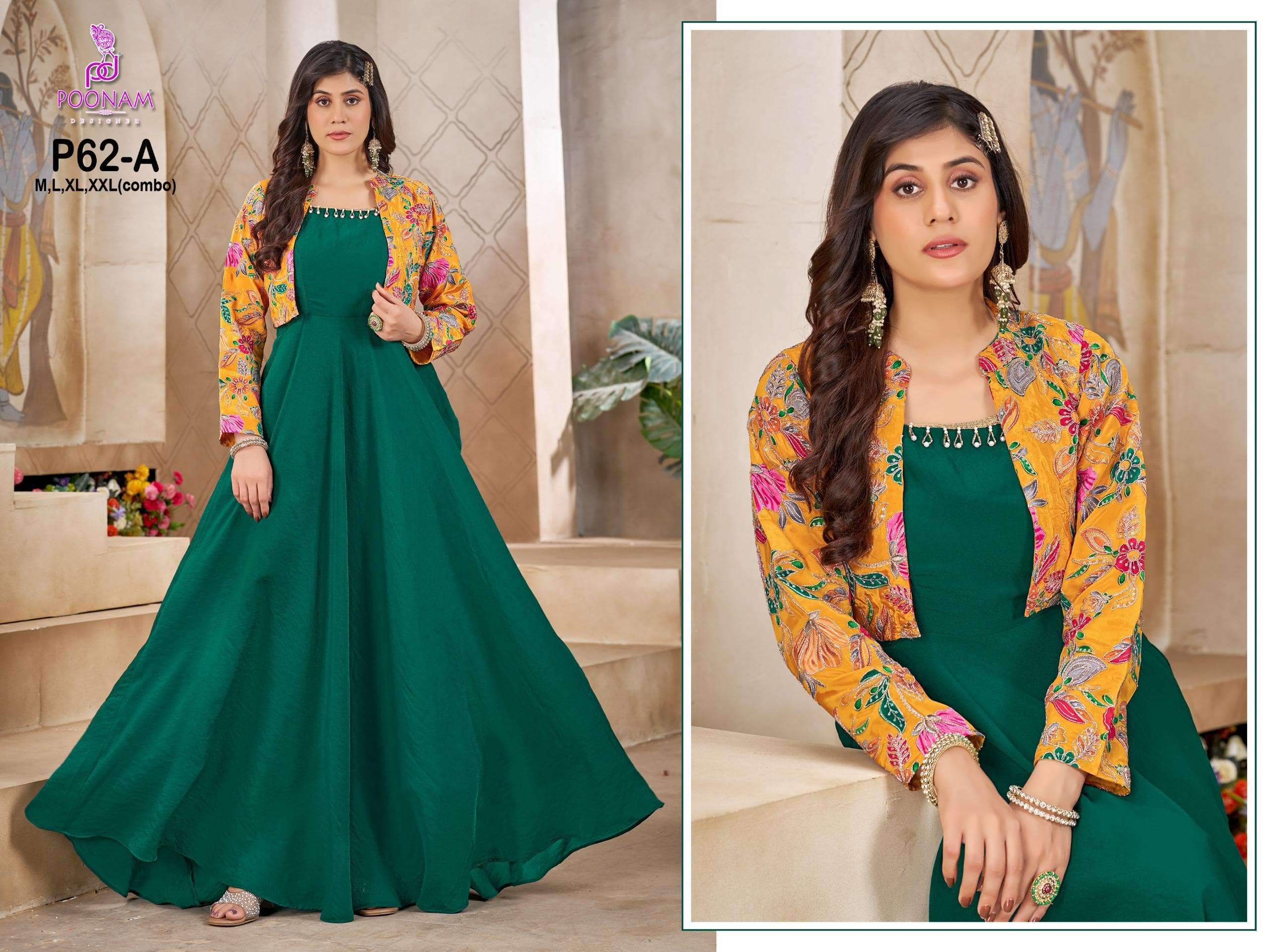 POONAM DESIGNER P62 A TO D SERIES PURE SILK HANDWORK GOWNS-00011
