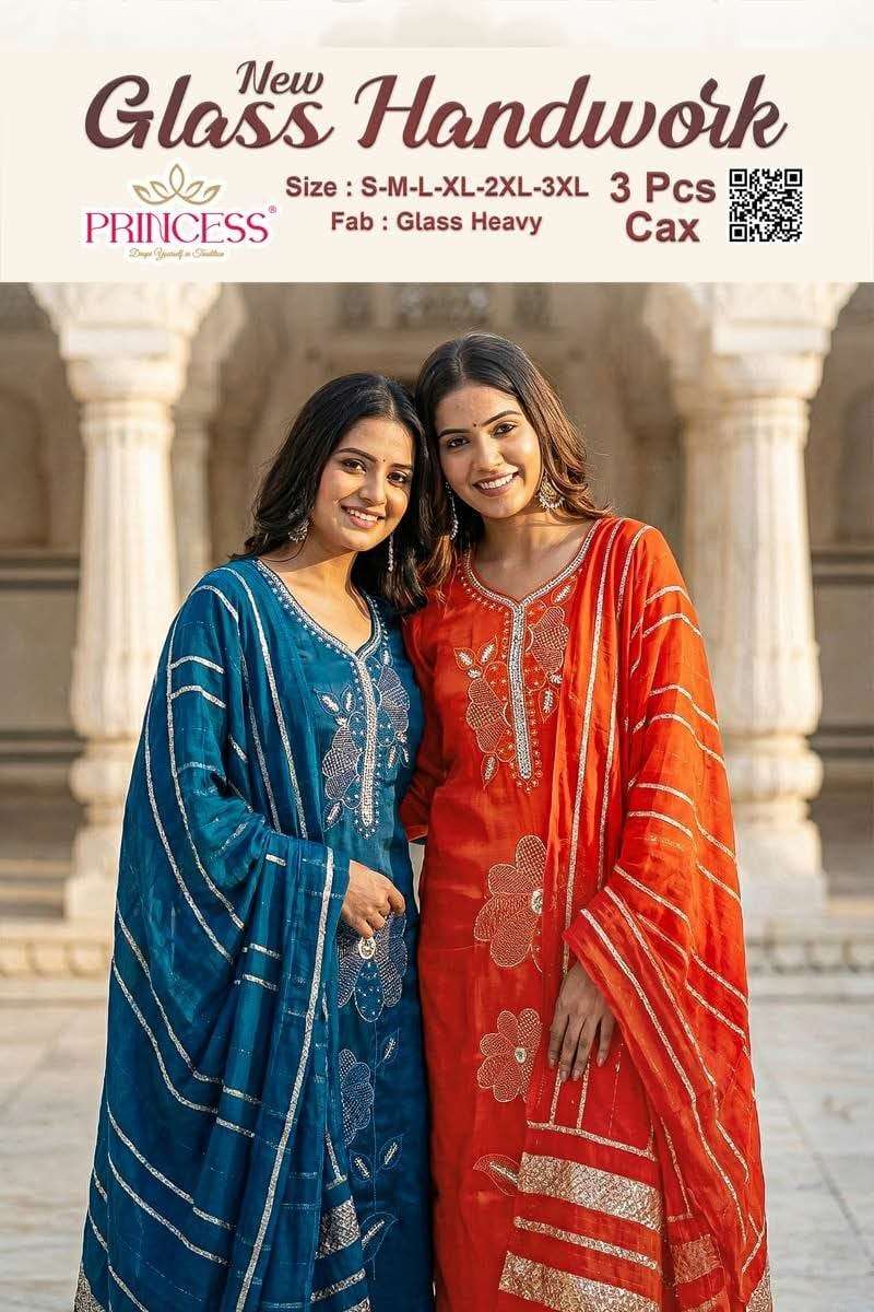 PRINCESS GLASS HAND WORK 101 TO 106 SERIES ROMAN EMBROIDERY PRINTED DRESSES-00320