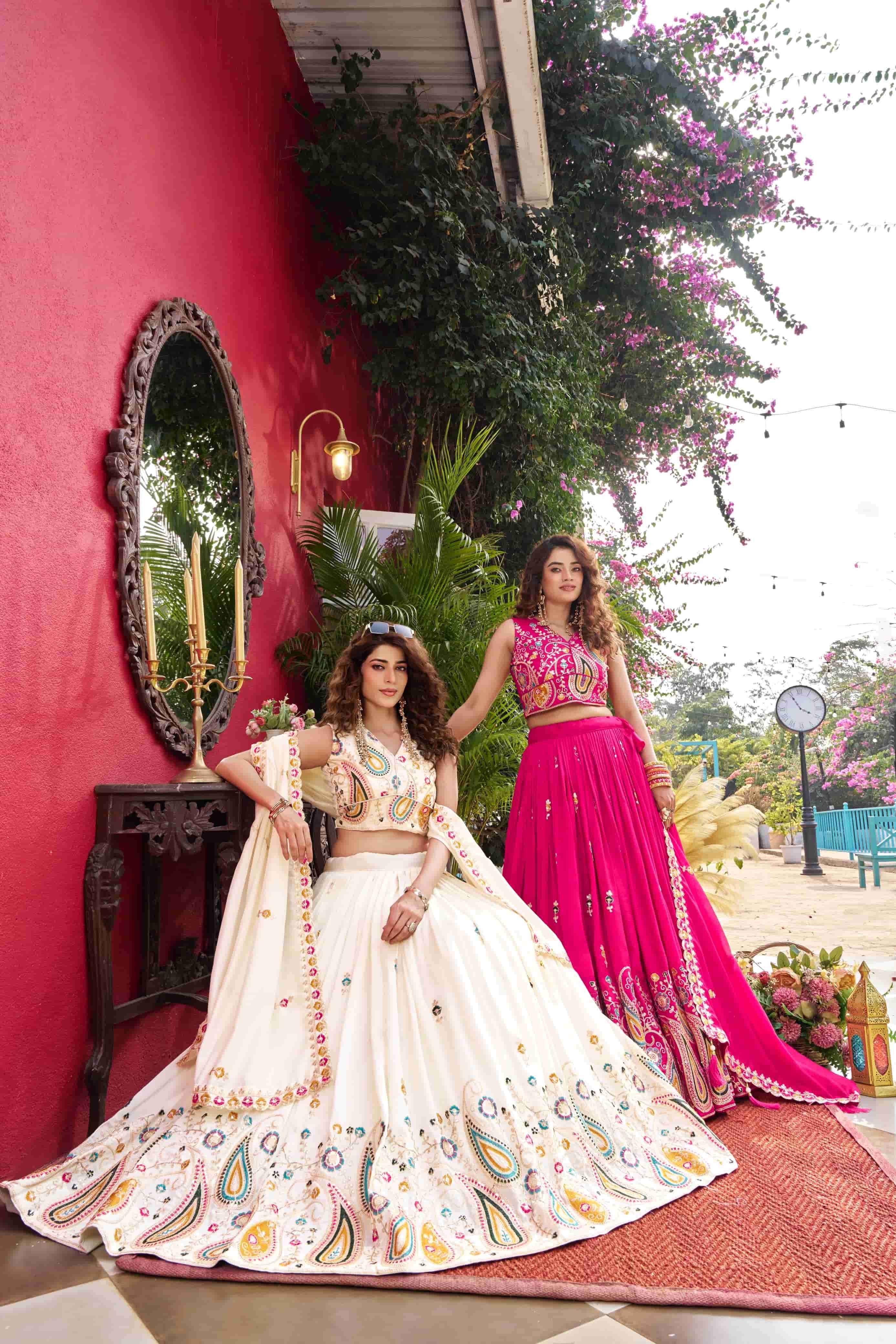 RM-158 BY ASLIWHOLESALE VICHITRA SILK EMBROIDERY SEMI-STITCHED LEHENGAS-00236