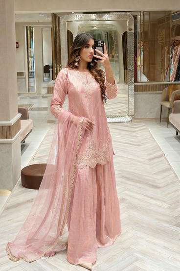 ZC-8009 BY ASLIWHOLESALE FENDY SILK EMBROIDERY SHARARA SUIT - 00267