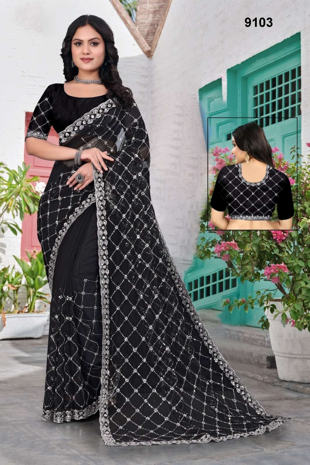 9103 COLOUR BY ASLIWHOLESALE NET EMBROIDERY SAREES-00103