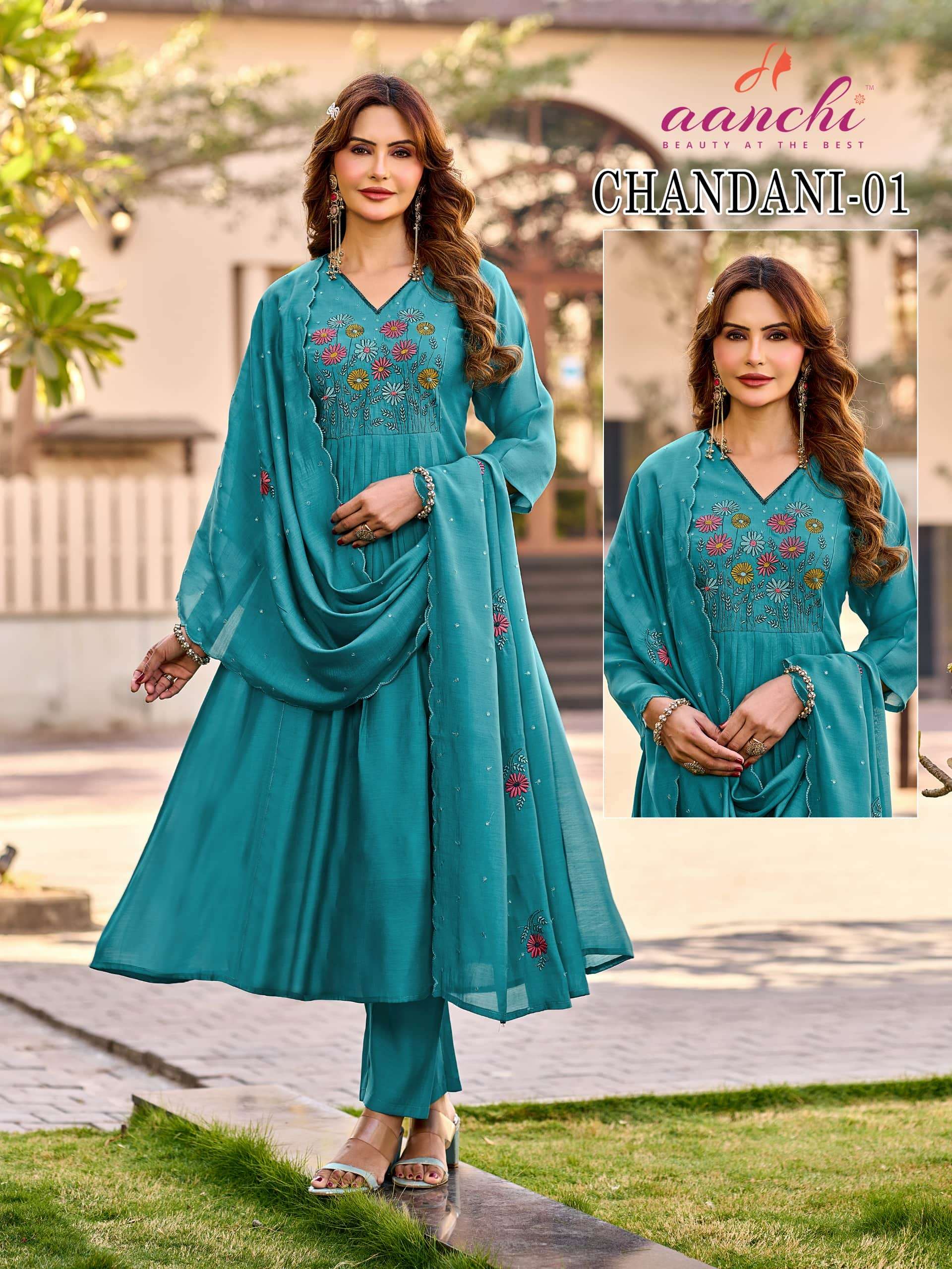 AANCHI CHANDANI MAL CHANDERI EMBROIDERY STITCHED ANARKALI SET-00286
