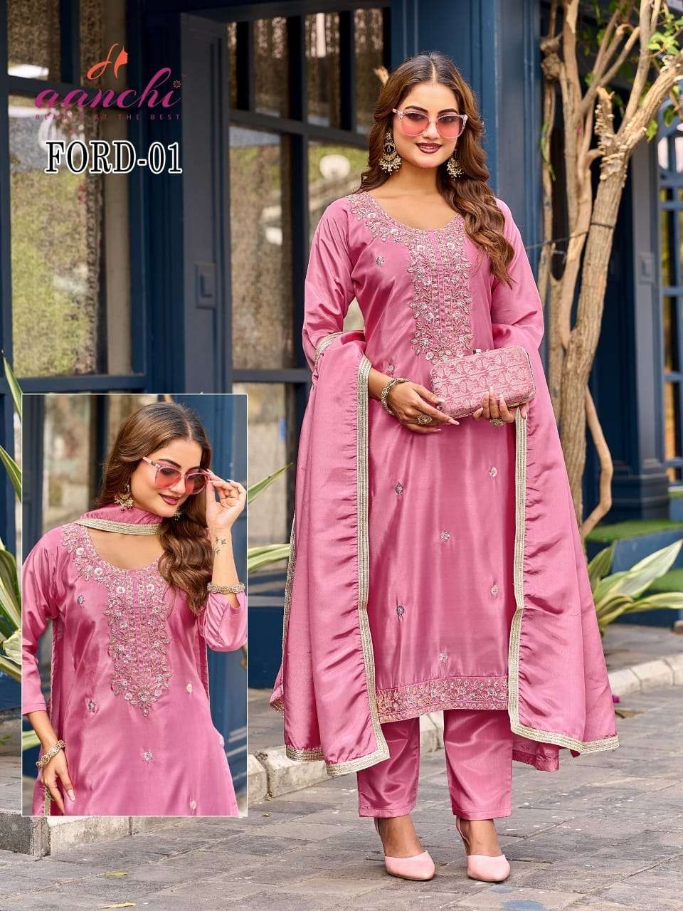AANCHI FORD 01 TO 03 SERIES HEAVY ORGANZA SILK EMBROIDERY PUNJBAI SUITS-00286