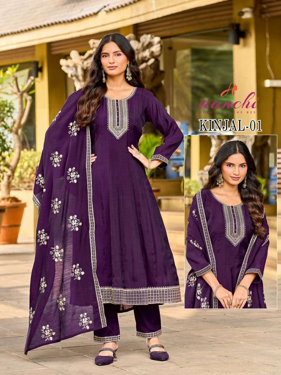 AANCHI KINJAL MAL CHANDERI EMBROIDERY STITCHED ANARKALI SET-00286