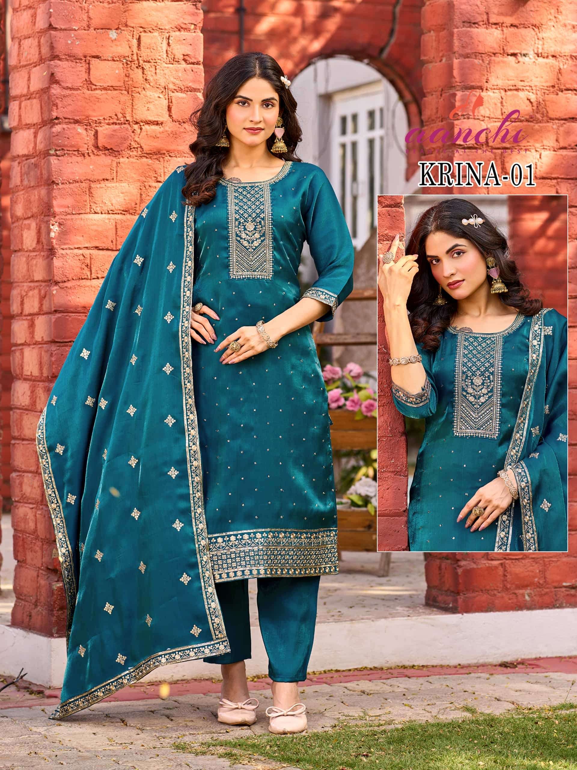 AANCHI KRINA GLASS ROMAN EMBROIDERY STITCHED PUNJABI SUIT SET-00286
