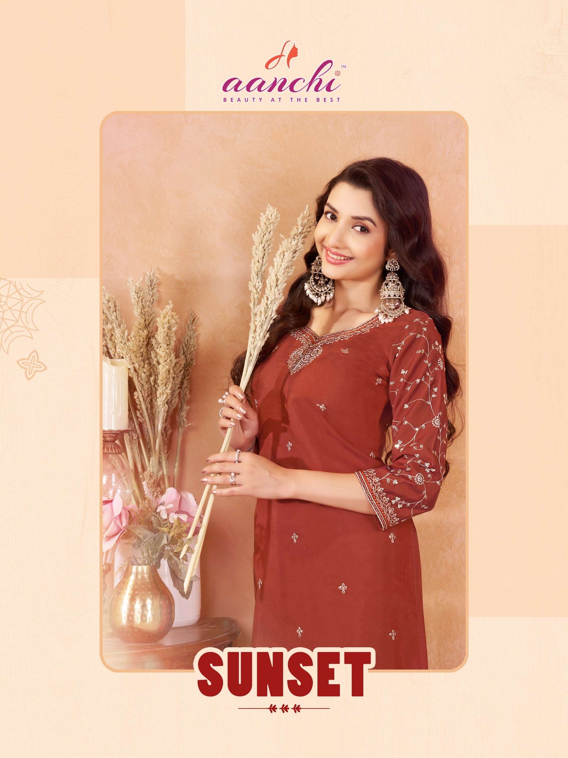 AANCHI SUNSET FANCY FABRIC EMBROIDERY STITCHED KURTIS SET-00286
