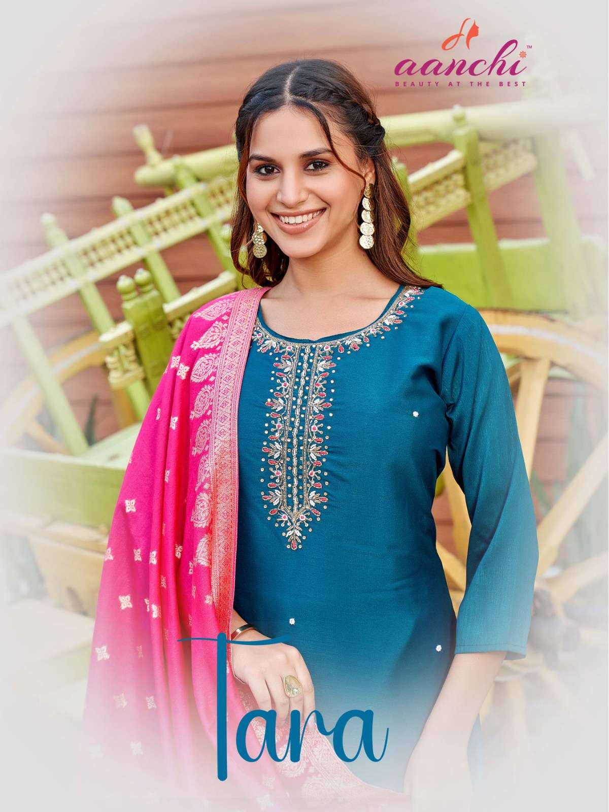 AANCHI TARA BARSANA SILK EMBROIDERY STITCHED PUNJABI SUITS SET-00286