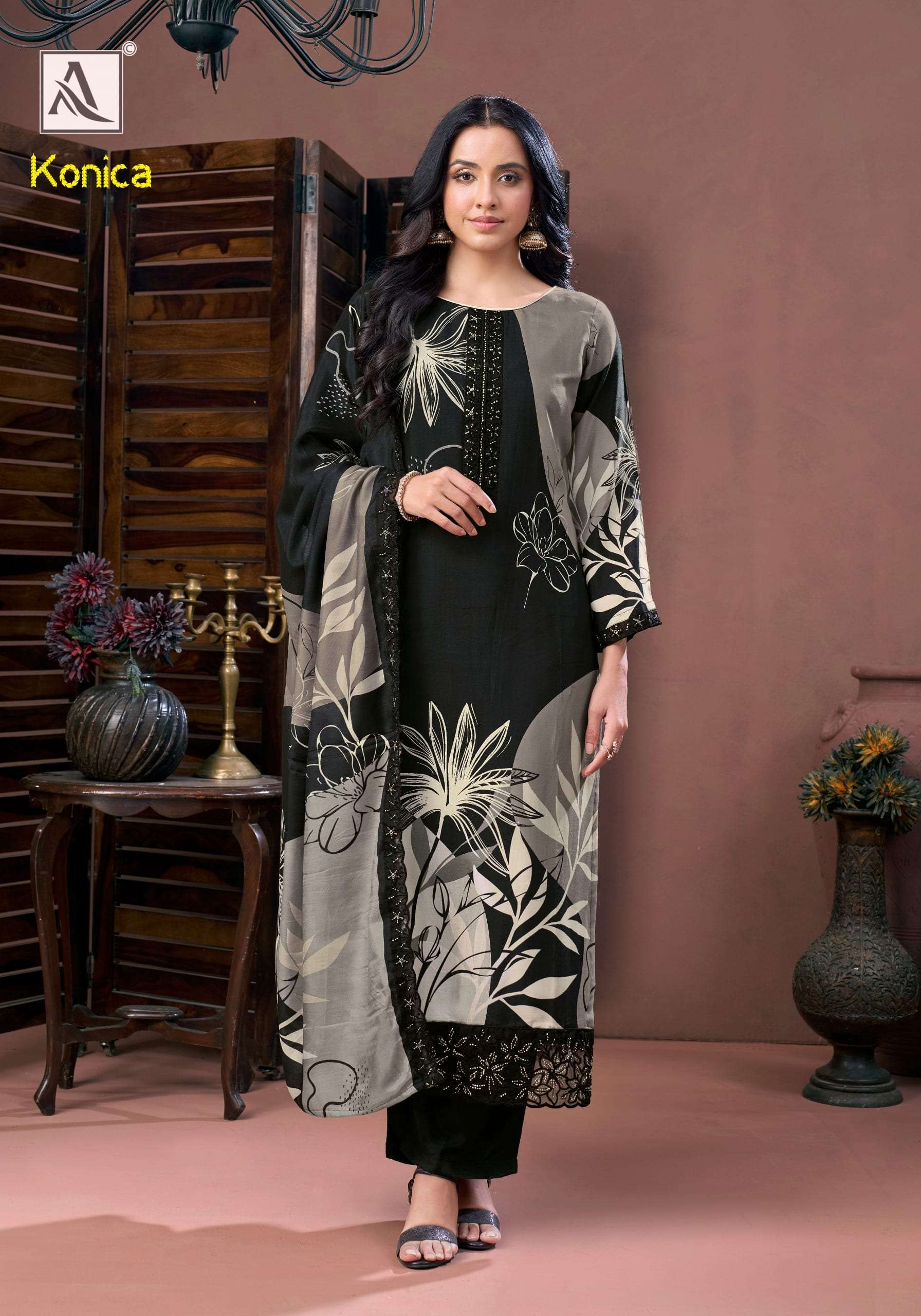 ALOK SUIT KONICA 001 TO 006 SERIES VISCOSE MUSLIN EMBROIDERY DRESSES-00201