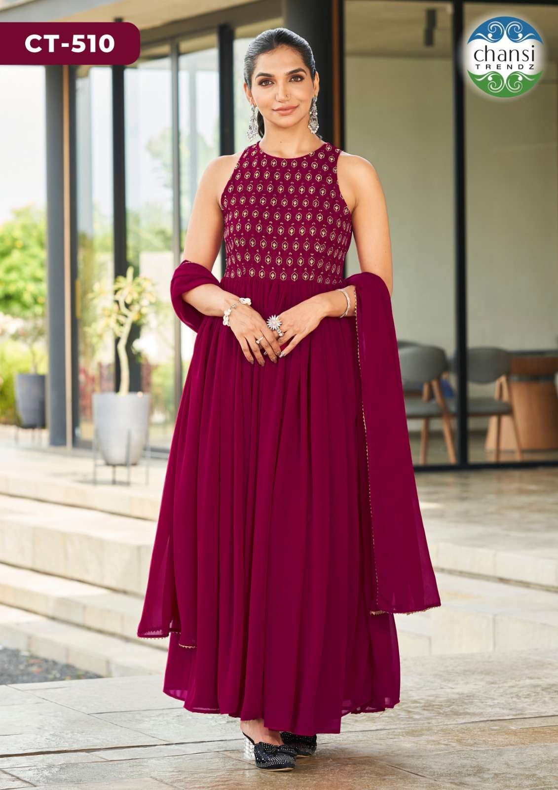 CHANSI TRENDZ SRI GEORGETTE PRINTED STITCHED GOWN-00303
