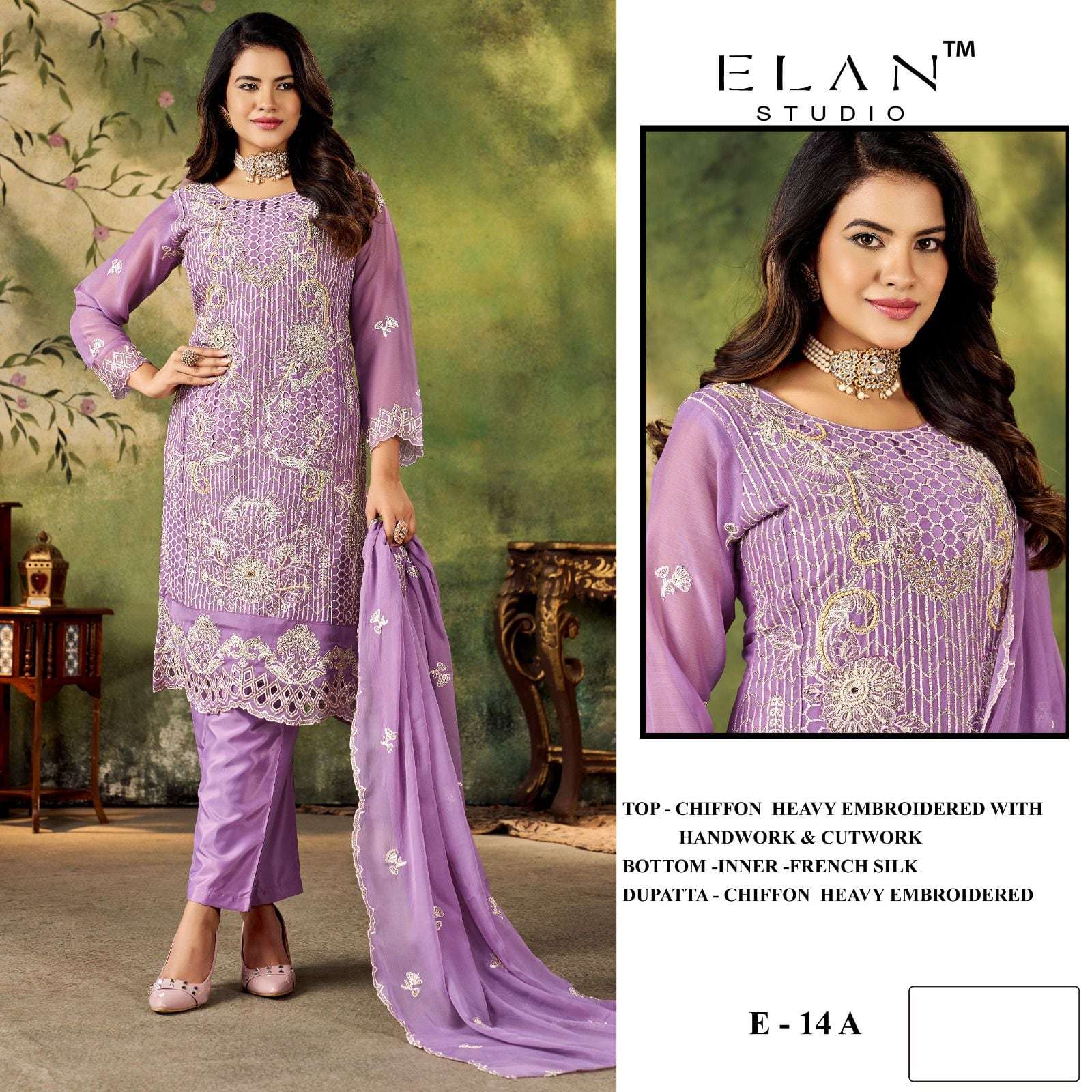 ELAN LAWN  STUDIO E-14 A TO D SERIES PURE CHIFFON EMBROIDERY PAKISTANI DRESSES-00201