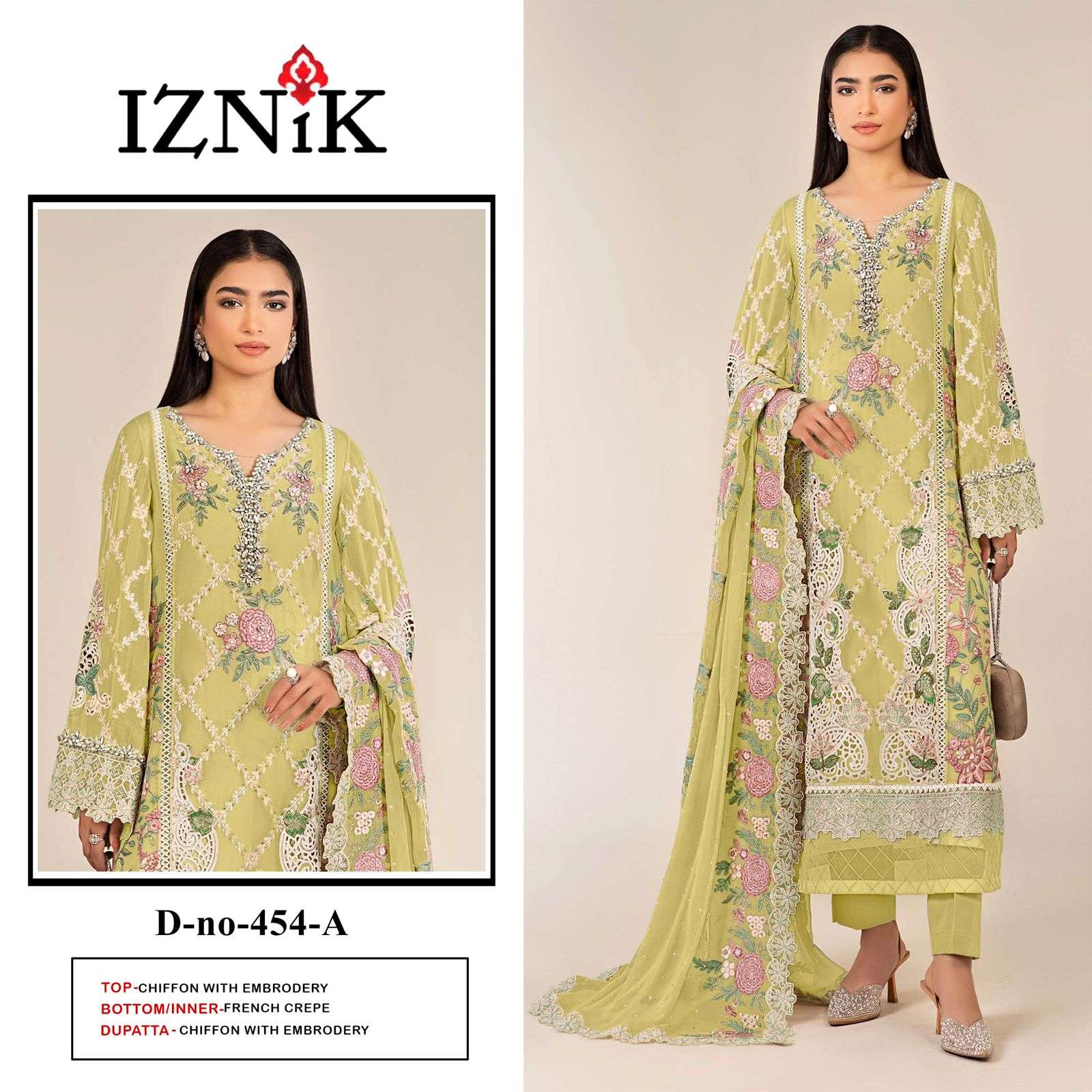 IZNIK FAB A-454 A TO D SERIES PURE CHIFFON EMBROIDERY PAKISTANI DRESSES-00201