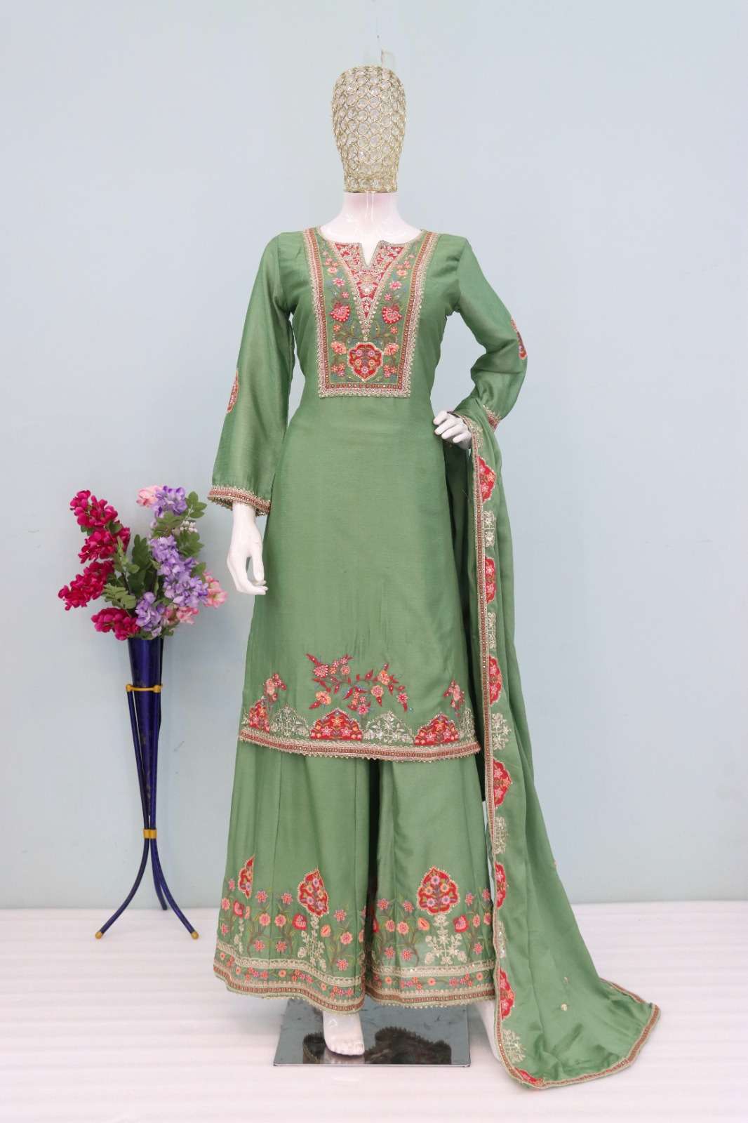 KRIVA VOL-9 BY ASLIWHOLESALE CHINON SILK EMBROIDERY SHARARA SUITS - 00104