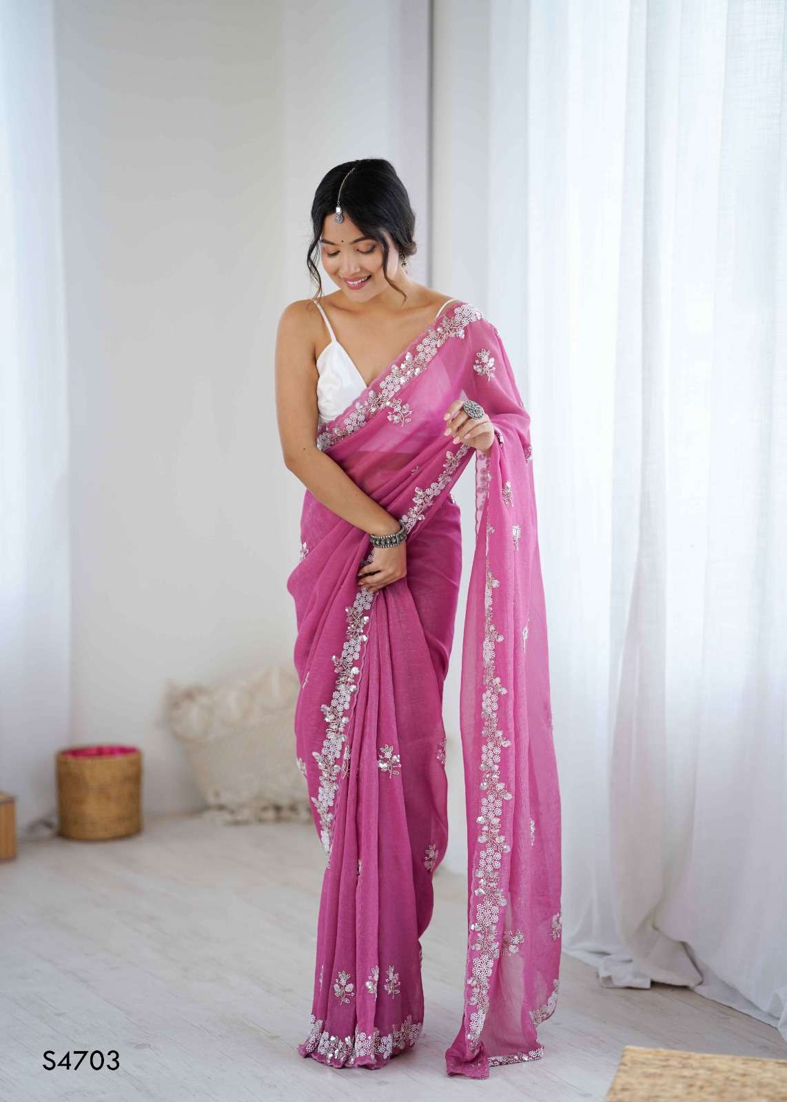 MAHOTSAV AAHELI S-4701 TO S-4705 SERIES CHIFFON CRUSH EMBROIDERY PRINTED SAREES-00276