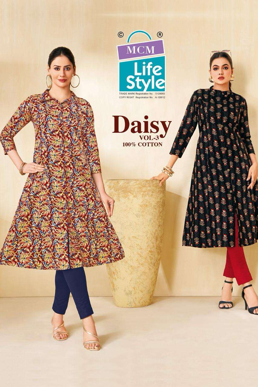 MCM LIFESTYLE DAISY VOL-3 306 TO 315 SERIES COTTON A-LINE PRINTED KURTIS-00015