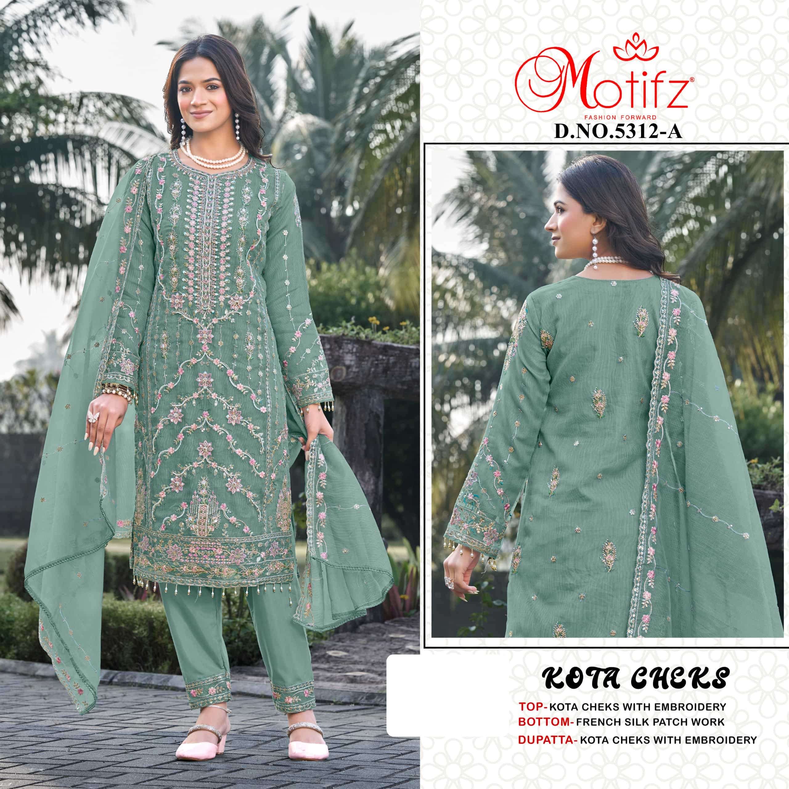 MOTIFZ 5312 A TO D SERIES PURE KOTA CHECKS EMBROIDERY PAKISTANI DRESSES-00201