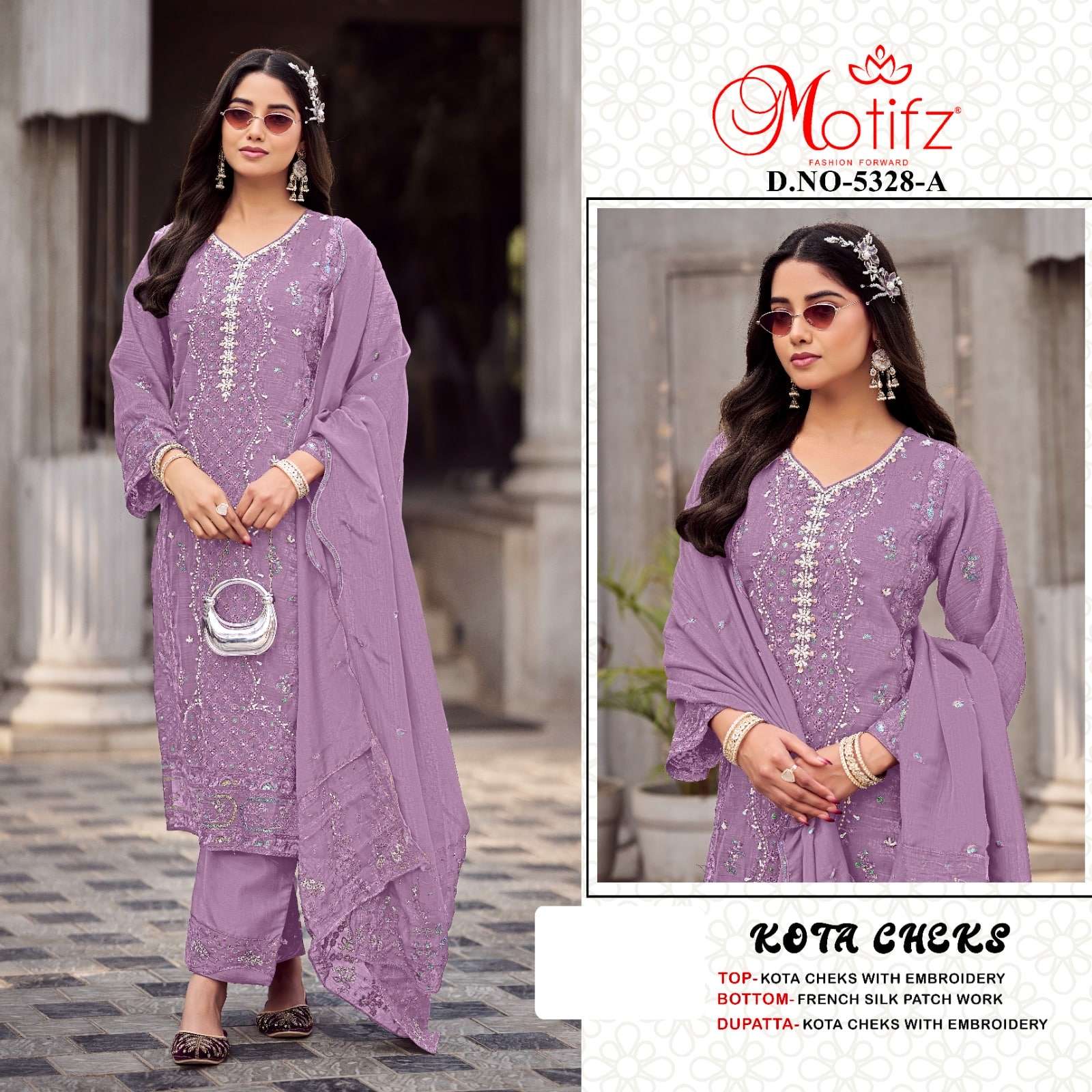MOTIFZ 5328 A TO D SERIES PURE KOTA CHECKS EMBROIDERY PAKISTANI DRESSES-00201