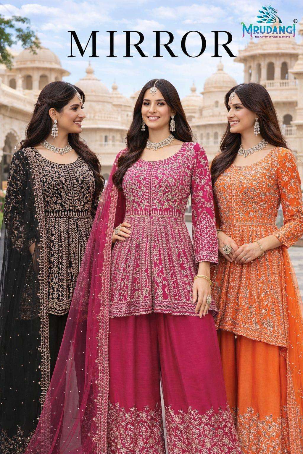 MRUDANGI MIRROR EMBROIDERY CHINON SHARARA SUITS - 00095