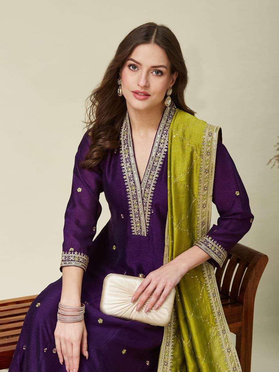 PRIYANKA BY ASLIWHOLESALE VICHITRA SILK EMBROIDERY STITCHED DRESSES-00264