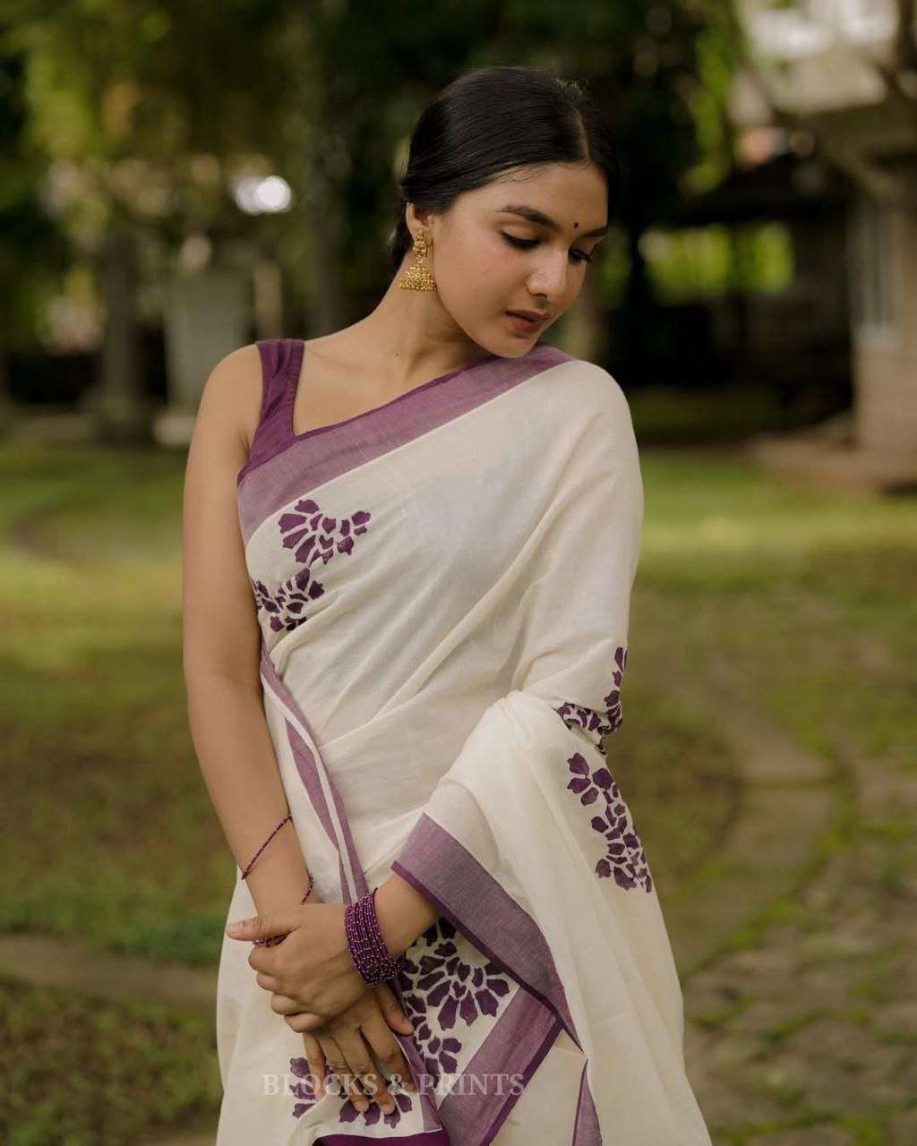 PURPLE BY ASLIWHOLESALE LINEN COTTON PRINTED SAREES-00259