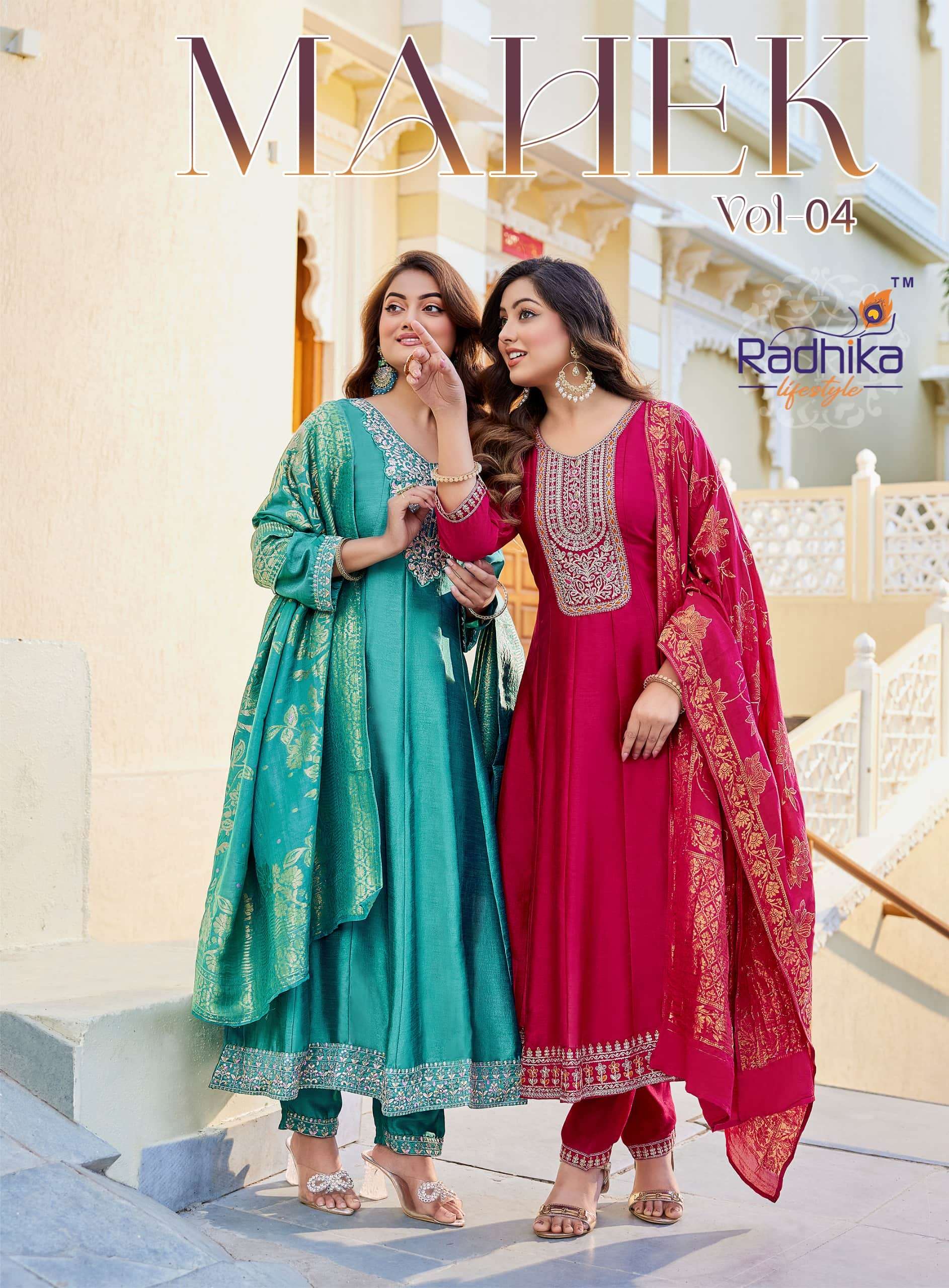 RADHIKA LIFESTYLE MAHEK VOL-04 3001 TO 3006 SERIES VICHITRA SILK EMBROIDERY DRESSES-00140