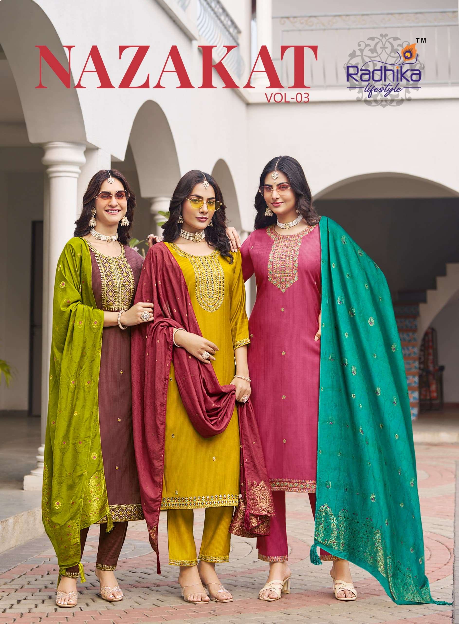 RADHIKA LIFESTYLE NAZAKAT VOL-03 3001 TO 3006 SERIES PURE SILK EMBROIDERY DRESSES-00140