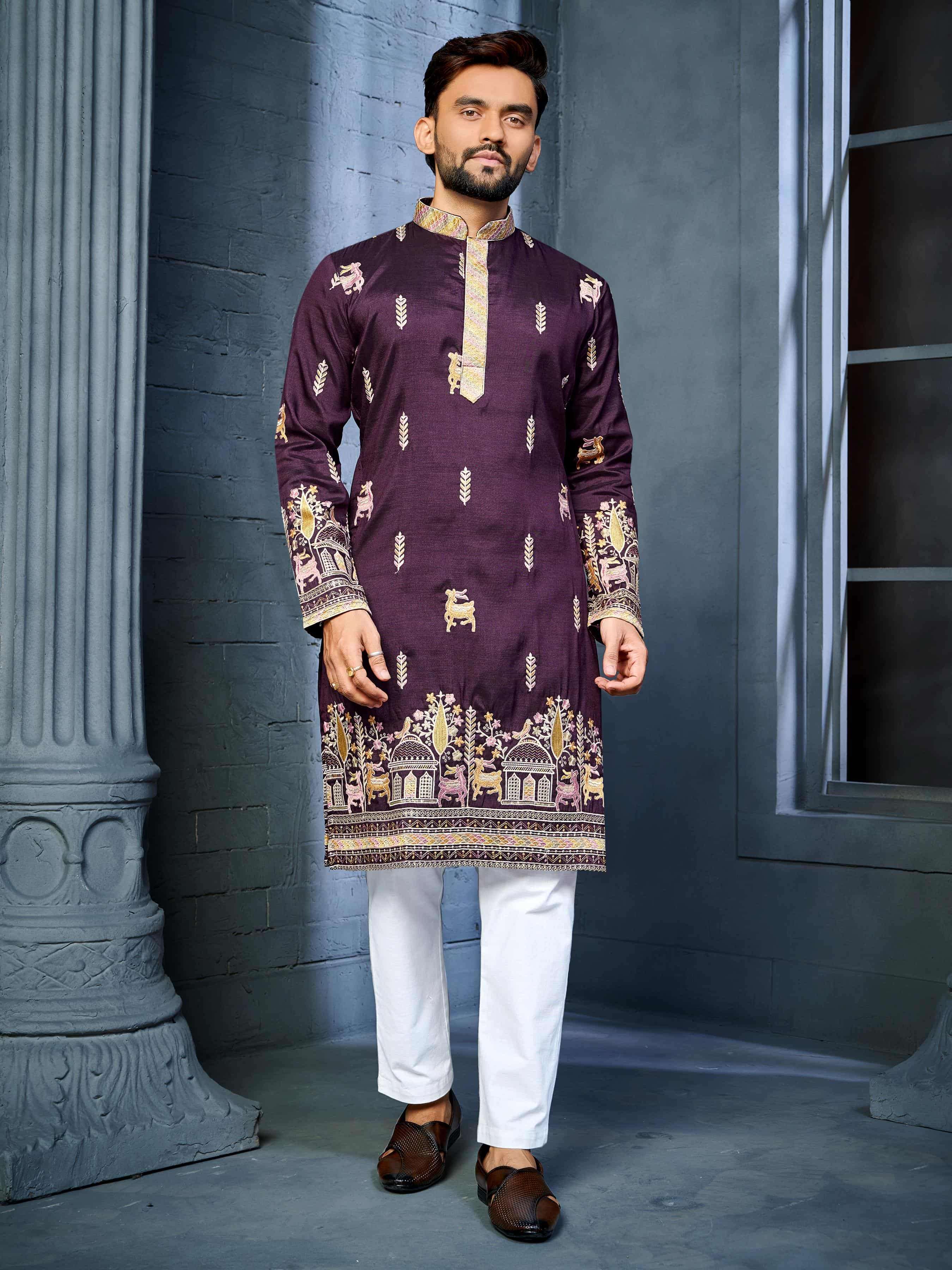 RIVAYAT BY ASLIWHOLESALE DESIGNER PURE SILK EMBROIDERY MENS WEAR KURTAS-00036