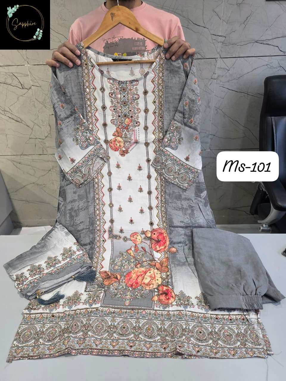 SAPPHIRE MS-101 VISCOSE MUSLIN PRINTED PAKISTANI STITCHED PREMIUM SUITS-00272