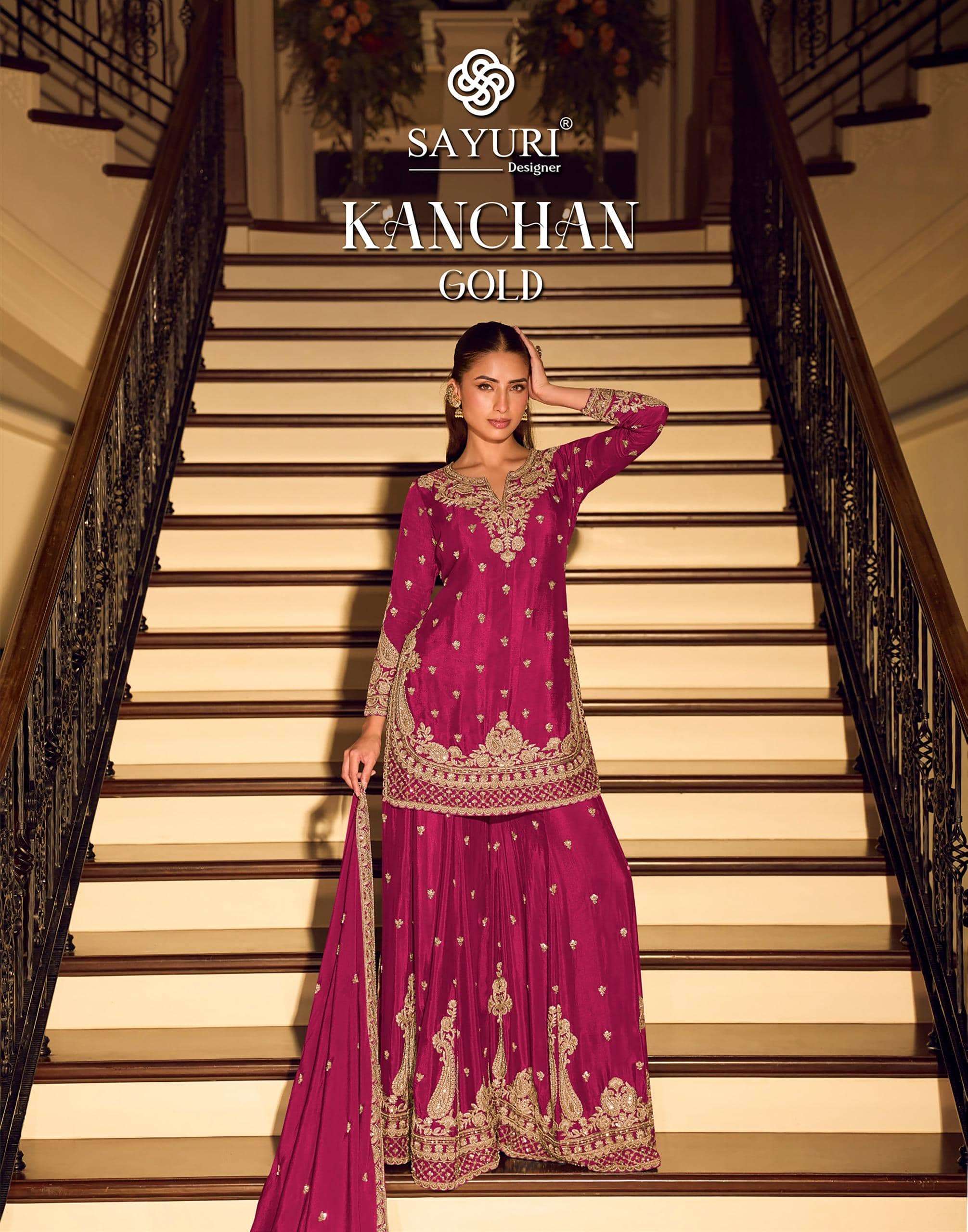 SAYURI KANCHAN GOLD PURE CHINON SILK EMBROIDERY DRESSES-00150