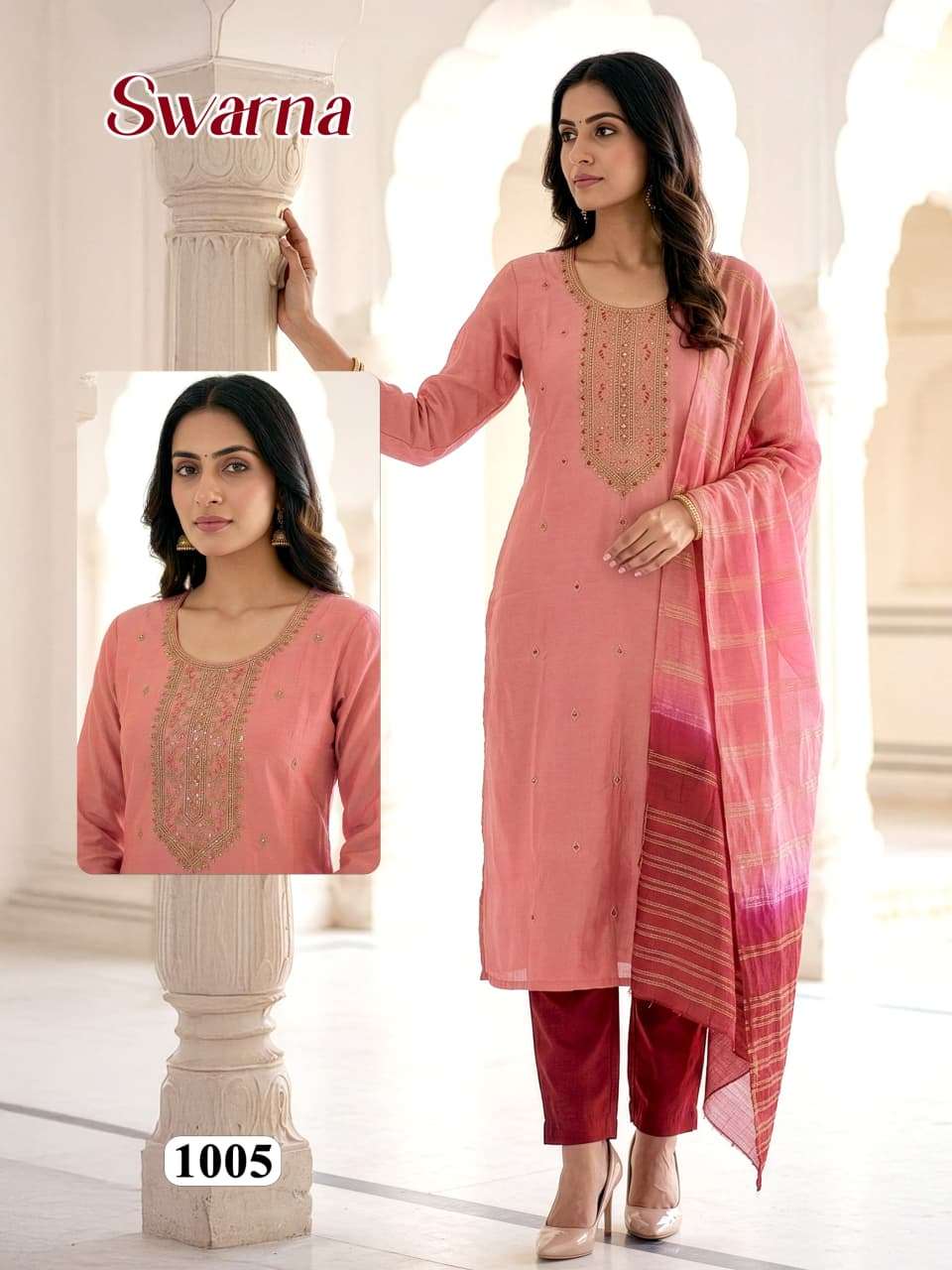 SWARNA BY ASLIWHOLESALE ROMAN SILK EMBROIDERY STITCHED SUITS SET-00320