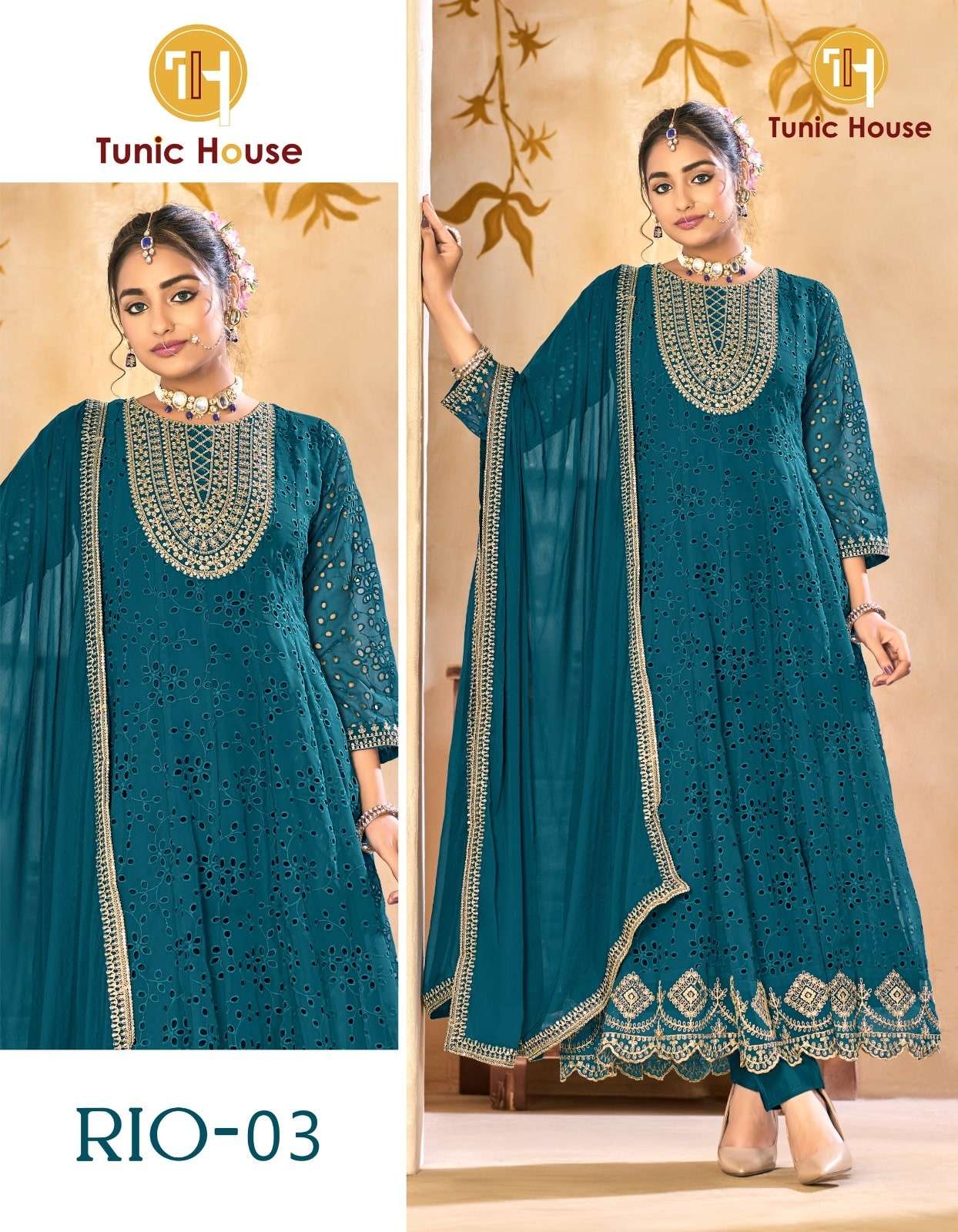 TUNIC HOUSE RIO 01 TO 06 SERIES GEORGETTE EMBROIDERY STITCHED ANARKALI SET-00074