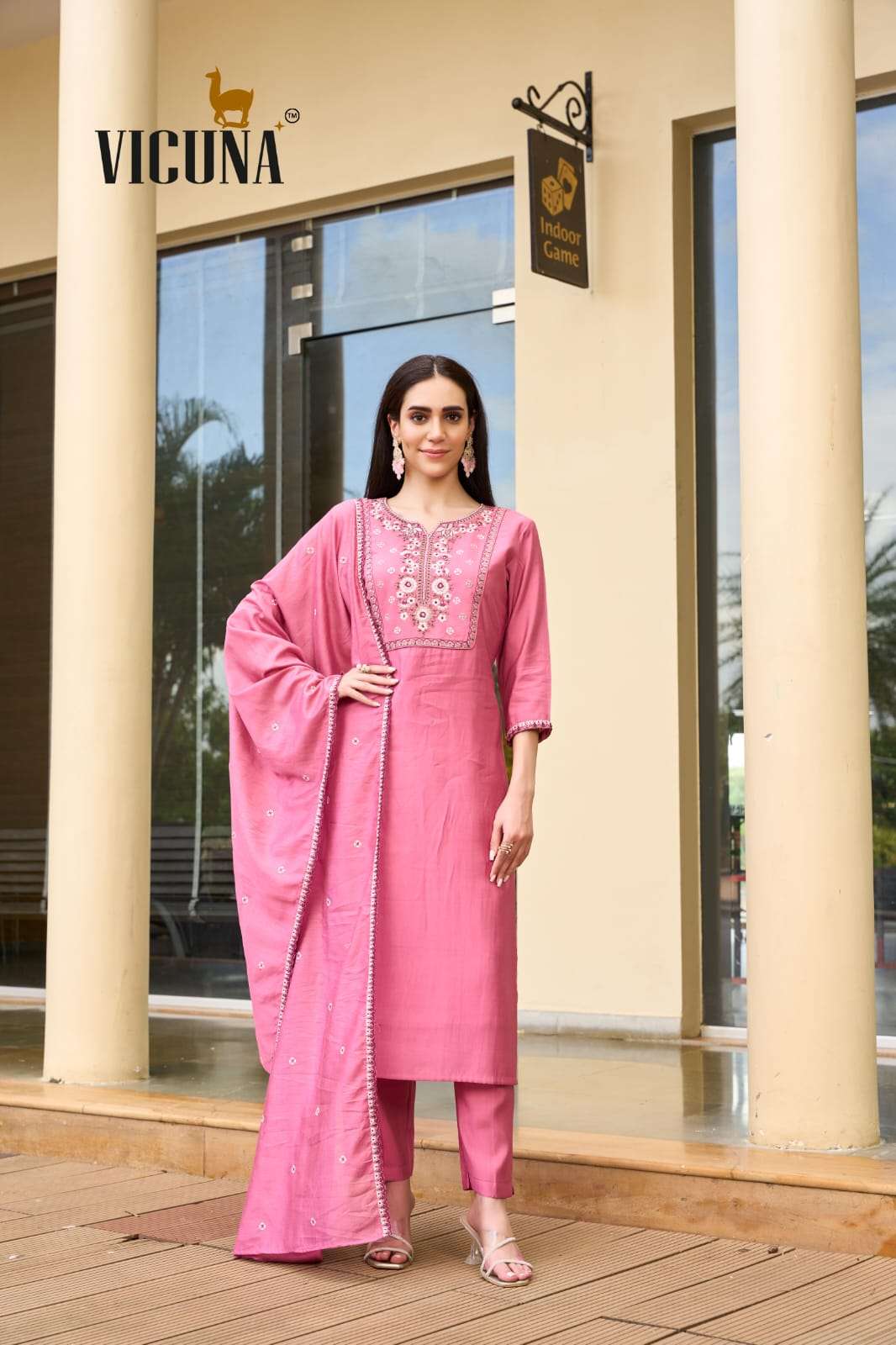 VICUNA 113 PINK ROMAN SILK EMBROIDERY STRAIGHT-CUT STITCHED DRESSES-00322