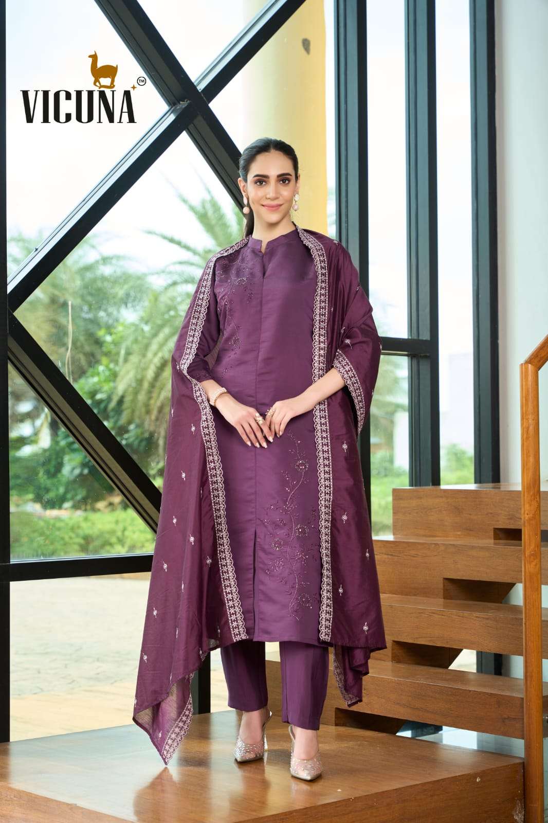 VICUNA 117 RAMA & WINE ROMAN SILK A-LINE EMBROIDERY DRESSES SET-00322