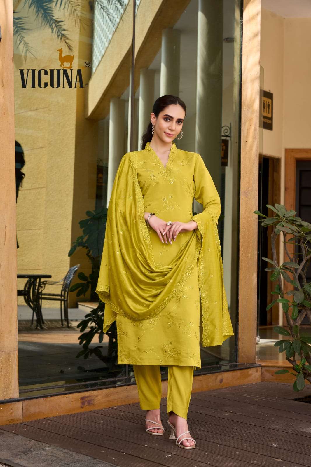 VICUNA 121 LEMON ROMAN SILK EMBROIDERY STRAIGHT-CUT PUNJABI SUITS-00322