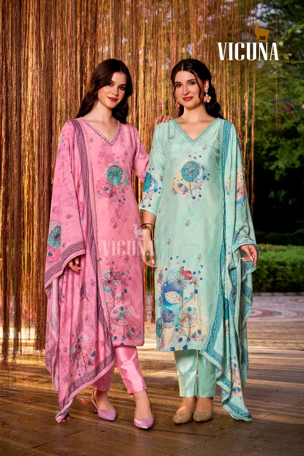 VICUNA 129 PINK & PISTA MUSLIN STRAIGHT-CUT STITCHED DRESSES-00322