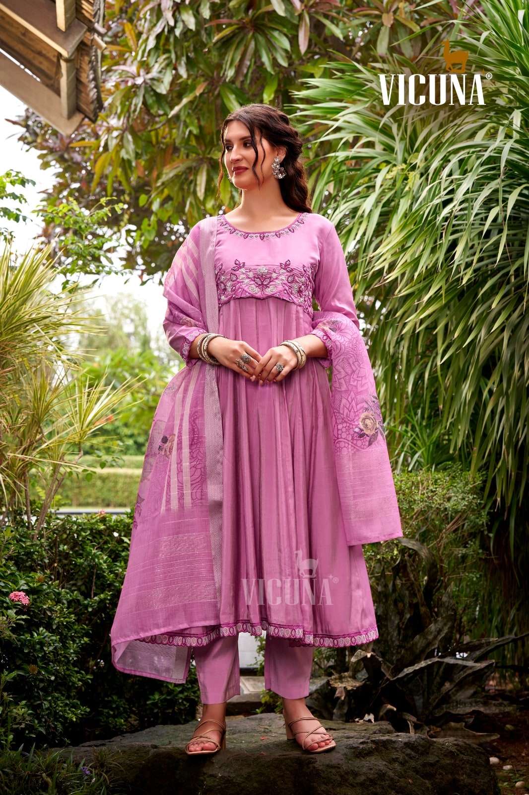 VICUNA 150 PINK ROMAN SILK HANDWORK ROUND-CUT STITCHED DRESSES-00322