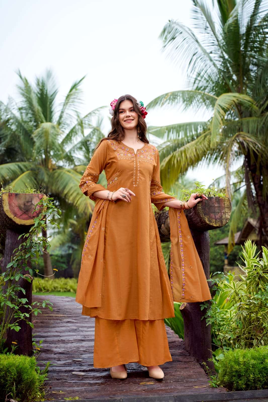 VICUNA 225 RUST MAL CHANDERI STITCHED SHARARA SUITS SET-00322 