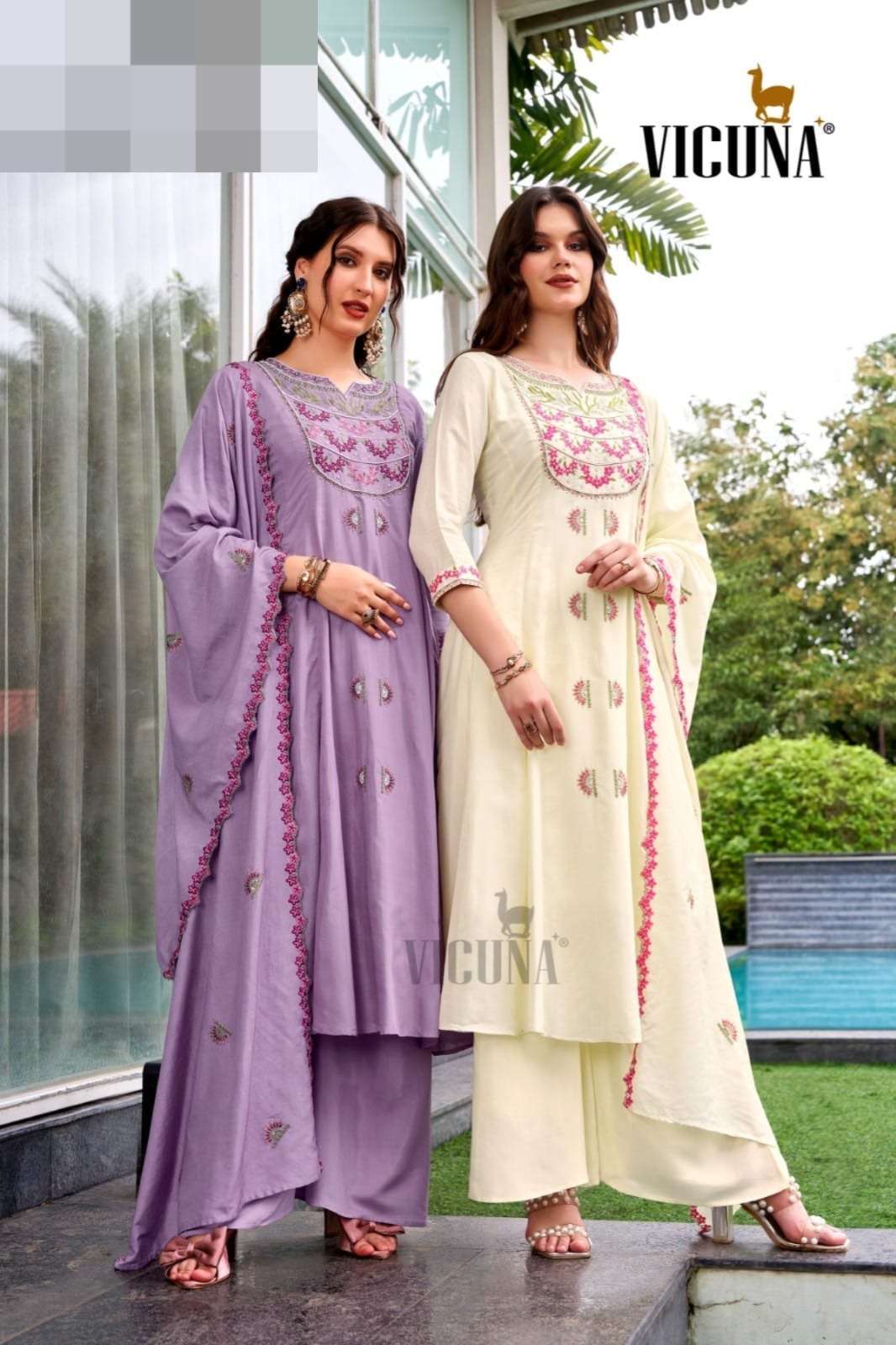 VICUNA 237 OFF WHITE & PURPLE MUSLIN STITCHED SHARARA SUITS SET-00322