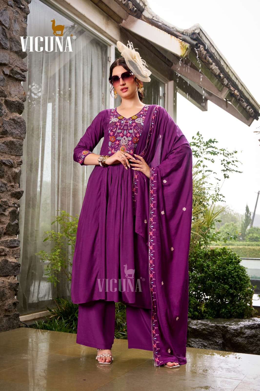 VICUNA 240 PURPLE & MEHNDI PREMIUM MUSLIN EMBROIDERY DRESSES-00322