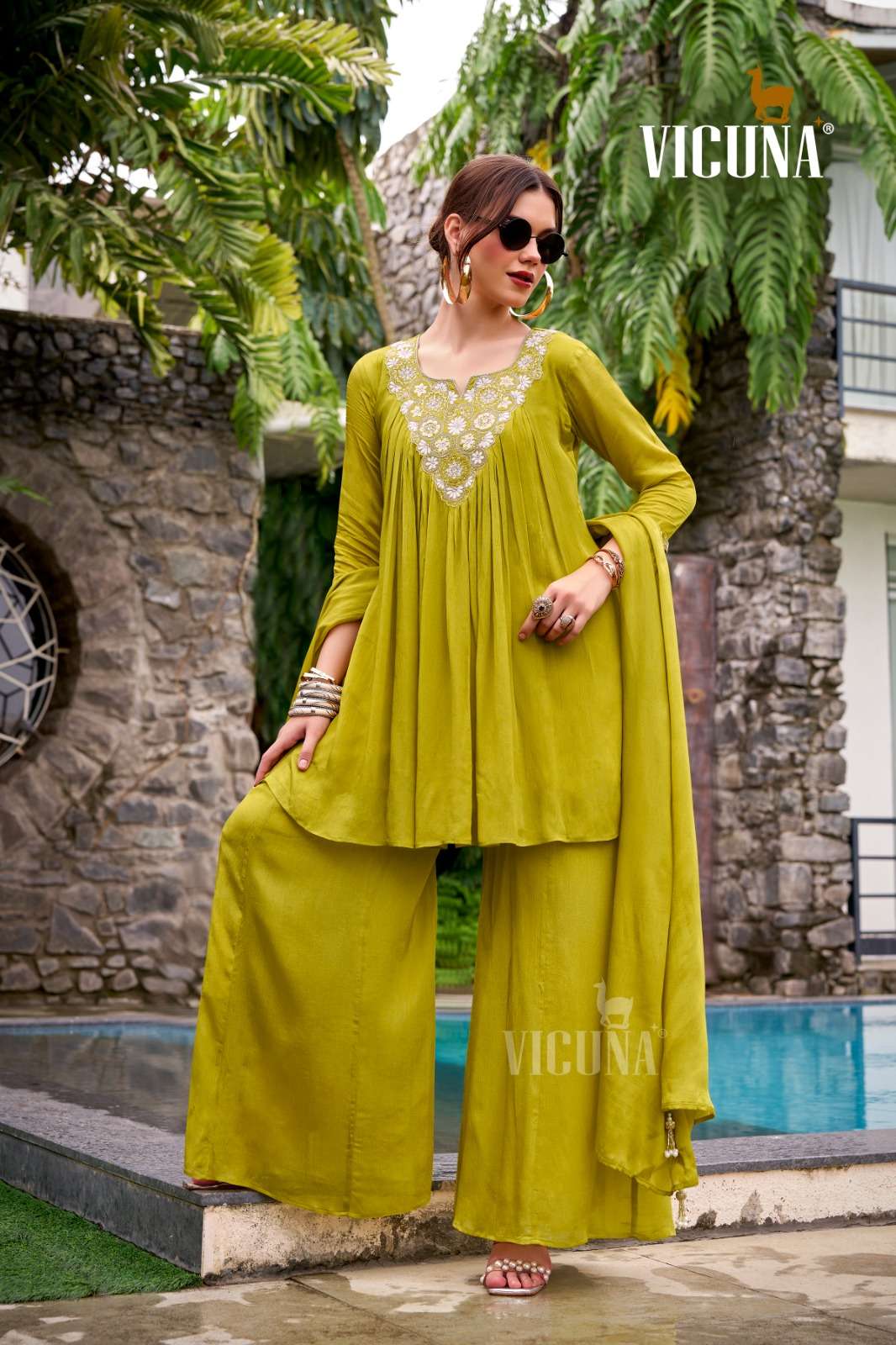 VICUNA 264 LEMON CHINON EMBROIDERY STITCHED SHARARA SUITS-00322
