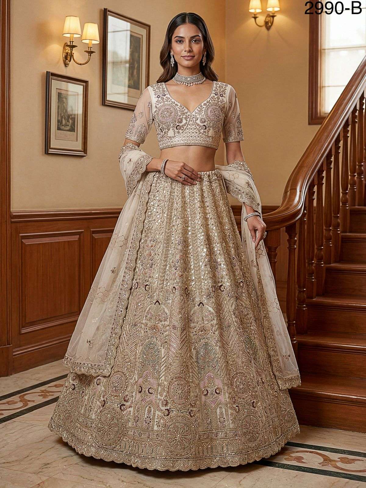 2990 HIT COLOUR BY ASLIWHOLESALE NET EMBROIDERY SEMI-STITCHED LEHENGAS-00130