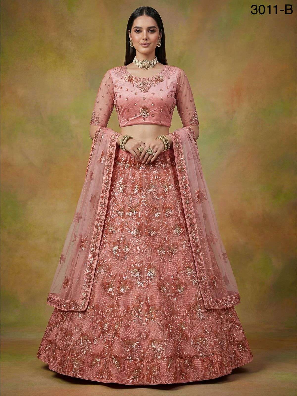3011 HIT COLOUR BY ASLIWHOLESALE HEAVY NET EMBROIDERY SEMI-STITCHED LEHENGAS-00130