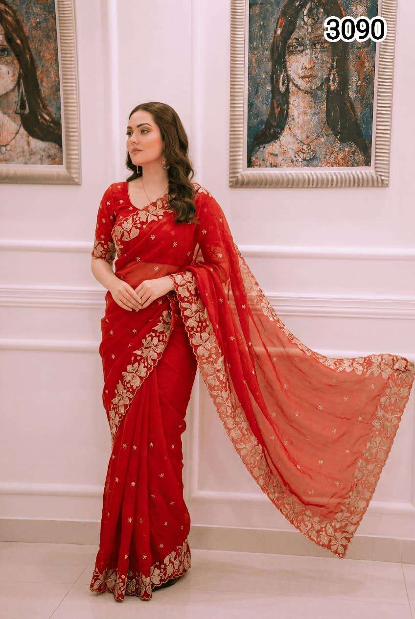 3090 COLOUR BY ASLIWHOLESALE SATIN ZARI EMBROIDERY WORK SAREES-00103