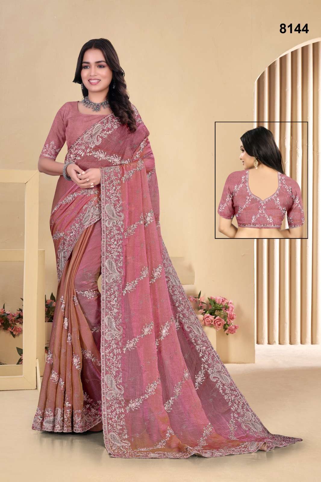 8144 COLOUR BY ASLIWHOLESALE FENDY SATIN EMBROIDERY WORK SAREES-00103
