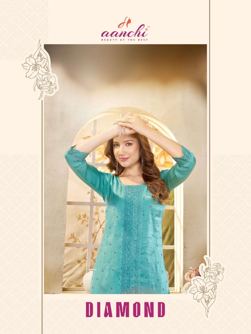 AANCHI DIAMOND GALAXY SATIN EMBROIDERY PRINTED KURTIS SET-00286